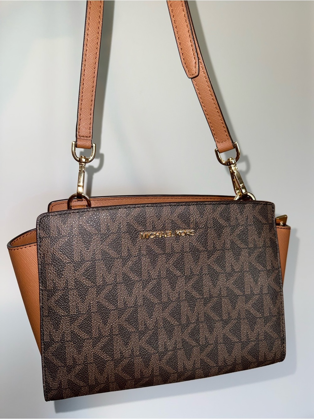 Michael Kors Selma Brown MK Signature and Tan Shoulder Bag